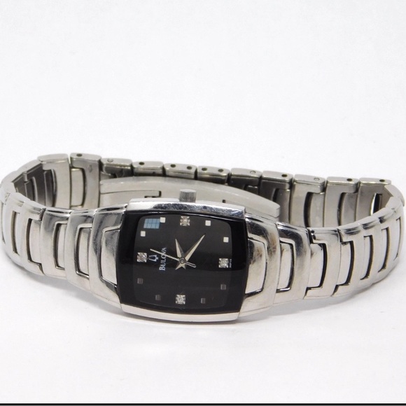 Bulova Womens Watch 96P15 Black Dial Stainless Steel Diamonds Ladies Silver 6.5\
